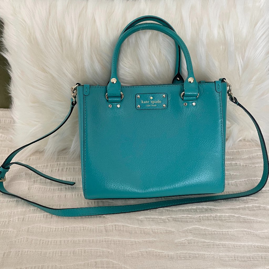 Genuine Kate Spade Wellesley Quinn Turquoise Blue Boarskin Tote Bag With Strap